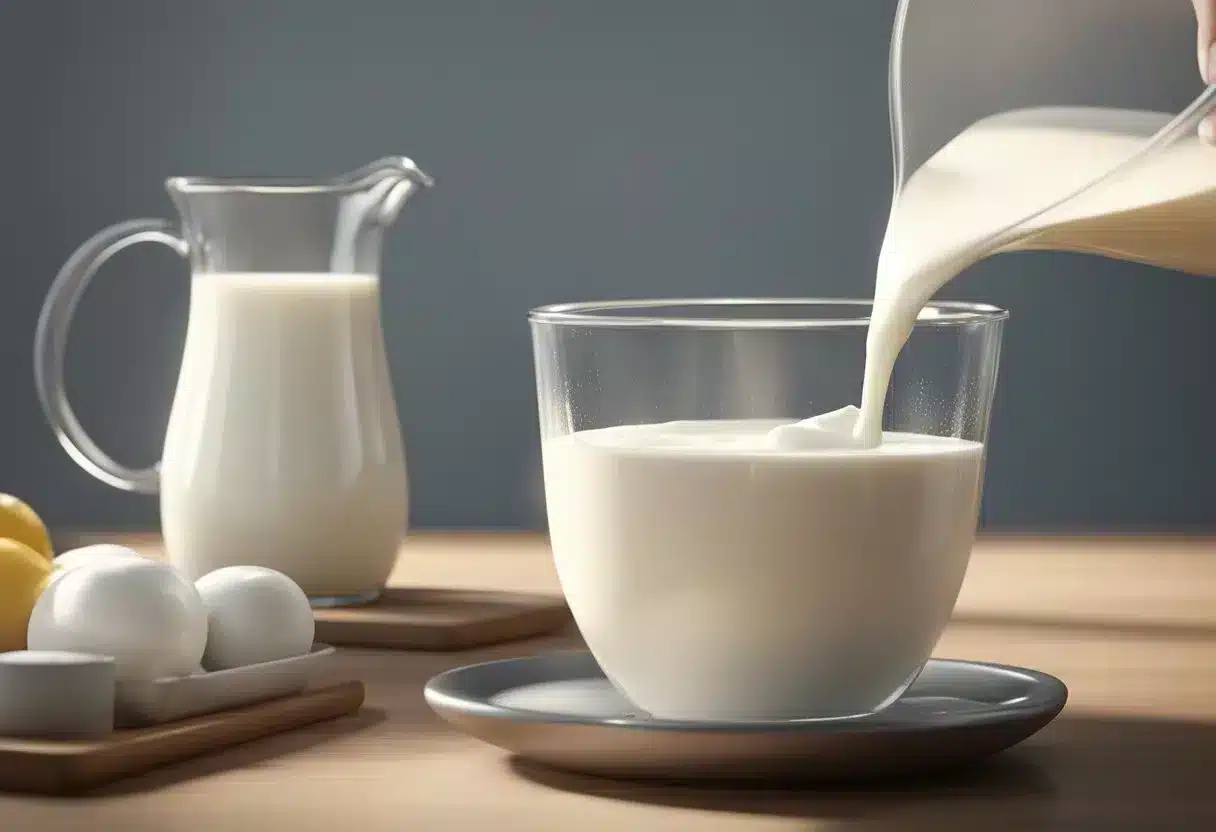 A bowl of milk being poured into a measuring cup, followed by a close-up of a whisk mixing the milk until it thickens into heavy cream