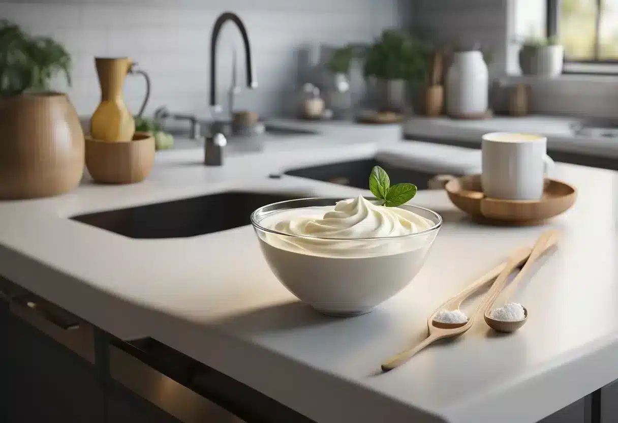 A bowl of fresh cream, a whisk, and a measuring cup sit on a clean kitchen counter, ready for preparation