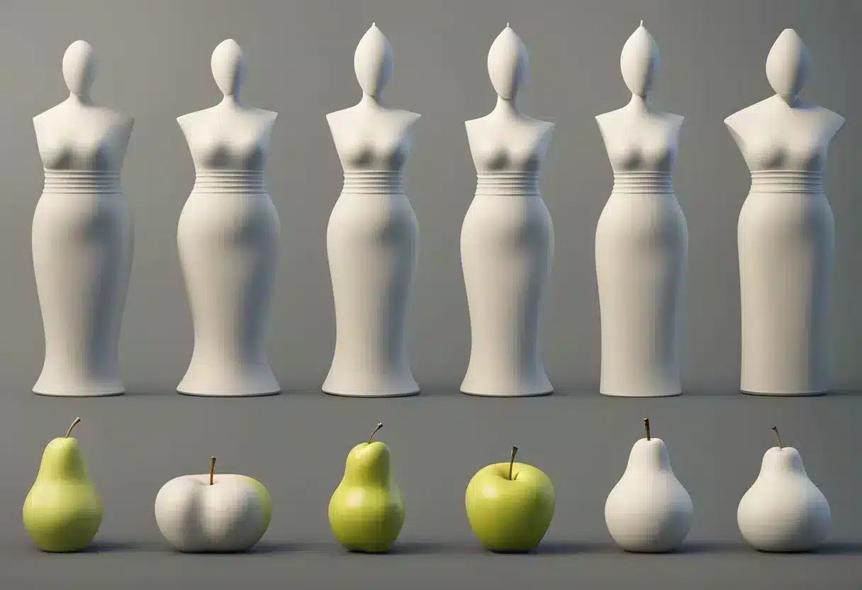 A variety of body shapes: pear, apple, hourglass, rectangle, and triangle, with distinct proportions and curves