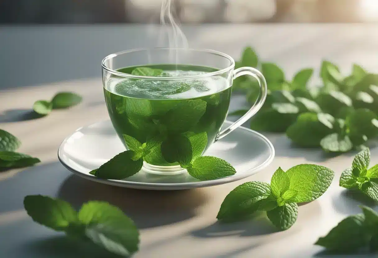 A steaming cup of peppermint tea sits on a saucer, surrounded by a scattering of fresh peppermint leaves