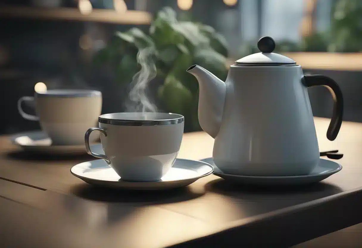 A kettle boils, steam rises. Peppermint leaves steep in hot water. A cup of tea sits on a saucer