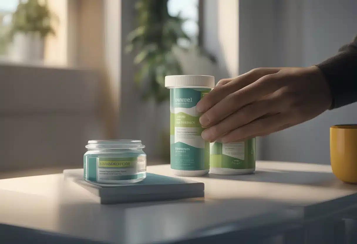 A person holding a tube of medicated ointment, next to a glass of water and a pack of soothing lozenges on a bedside table
