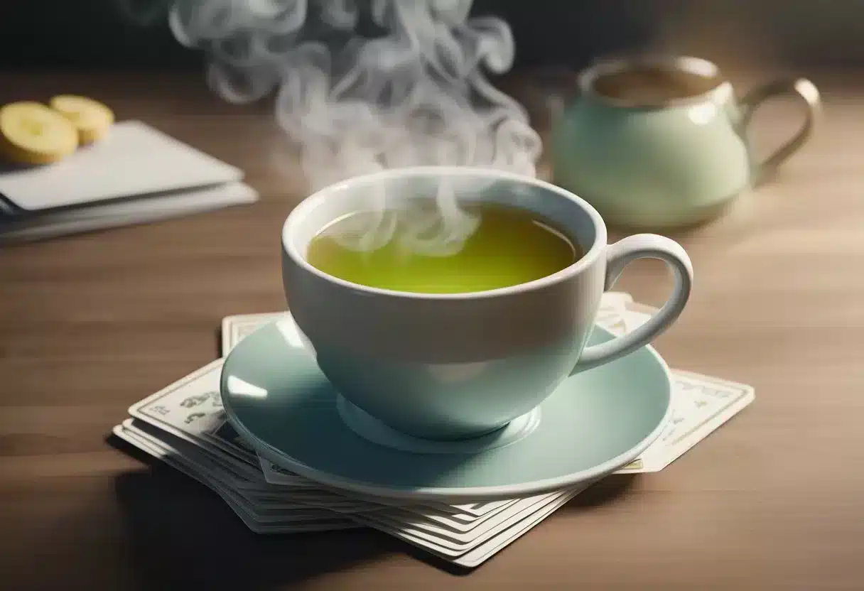 A steaming cup of peppermint tea surrounded by a stack of FAQ cards, with a subtle steam rising from the mug