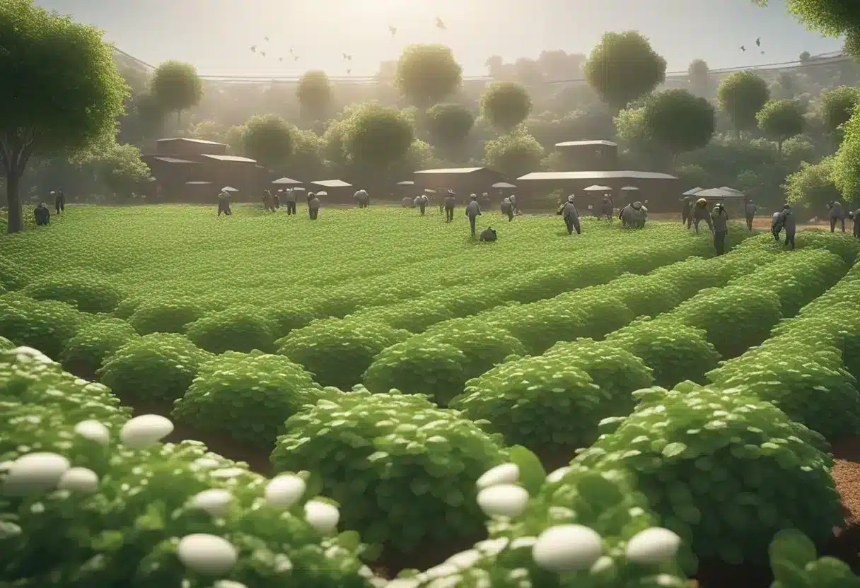 Lush peppermint fields surrounded by thriving bee colonies, with workers harvesting and packaging the leaves, while a bustling market showcases the economic impact of peppermint tea