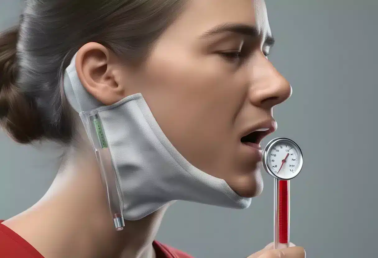 A person holding their throat with a pained expression, red and swollen tonsils, and a thermometer showing a fever