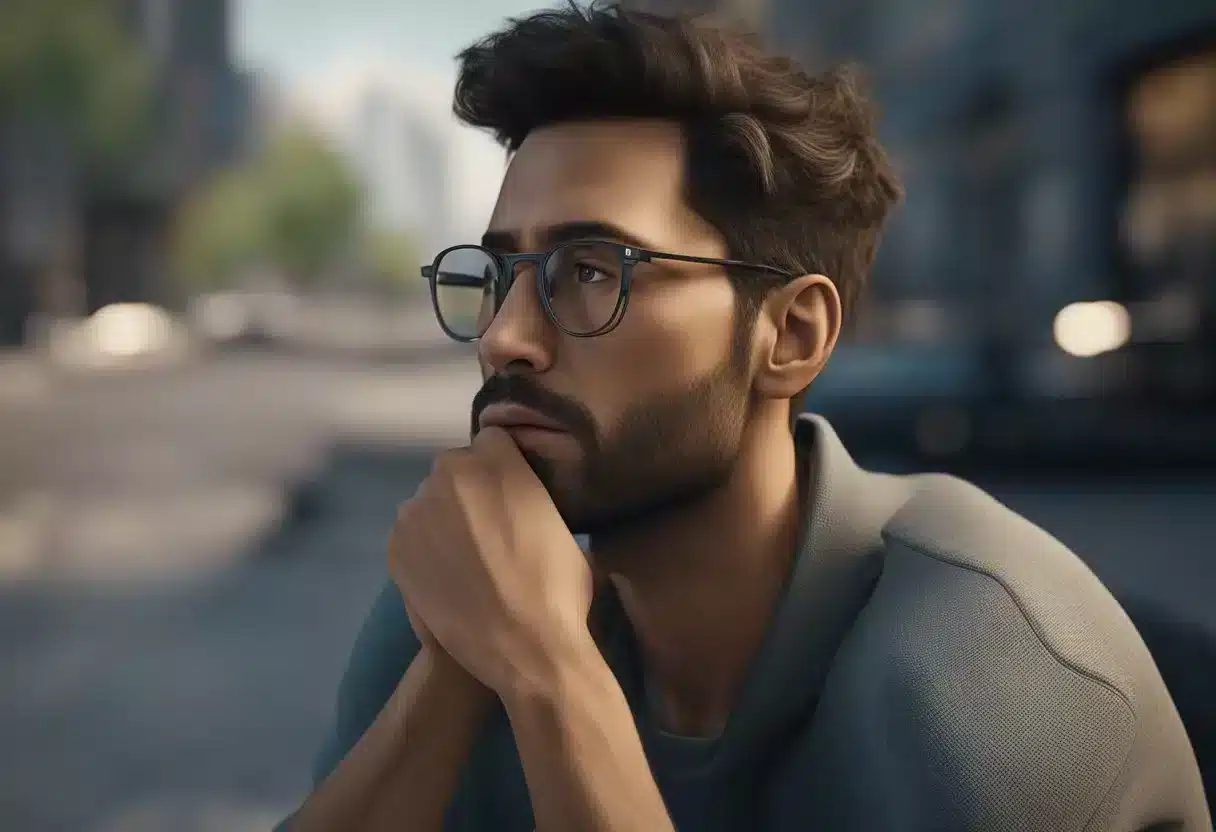 A person sitting with a hand on their throat, looking uncomfortable