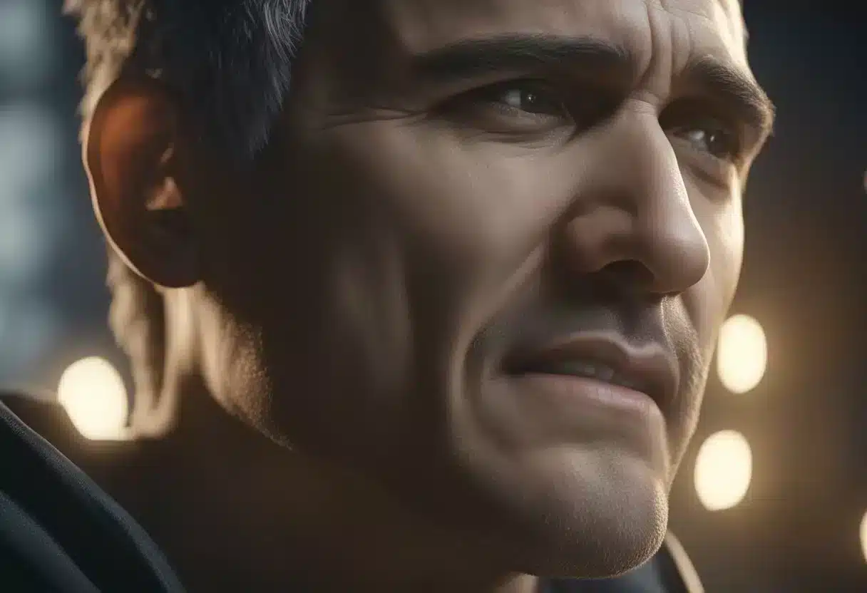 A person grimaces, clutching their throat in pain. Sweat beads on their forehead, indicating discomfort from a sore throat