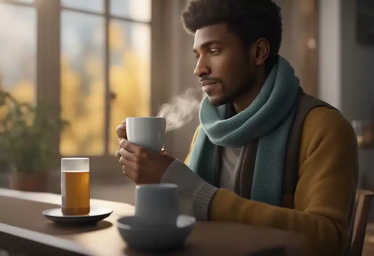 A person holding a cup of tea and a bottle of throat spray, with a box of lozenges and a warm scarf nearby