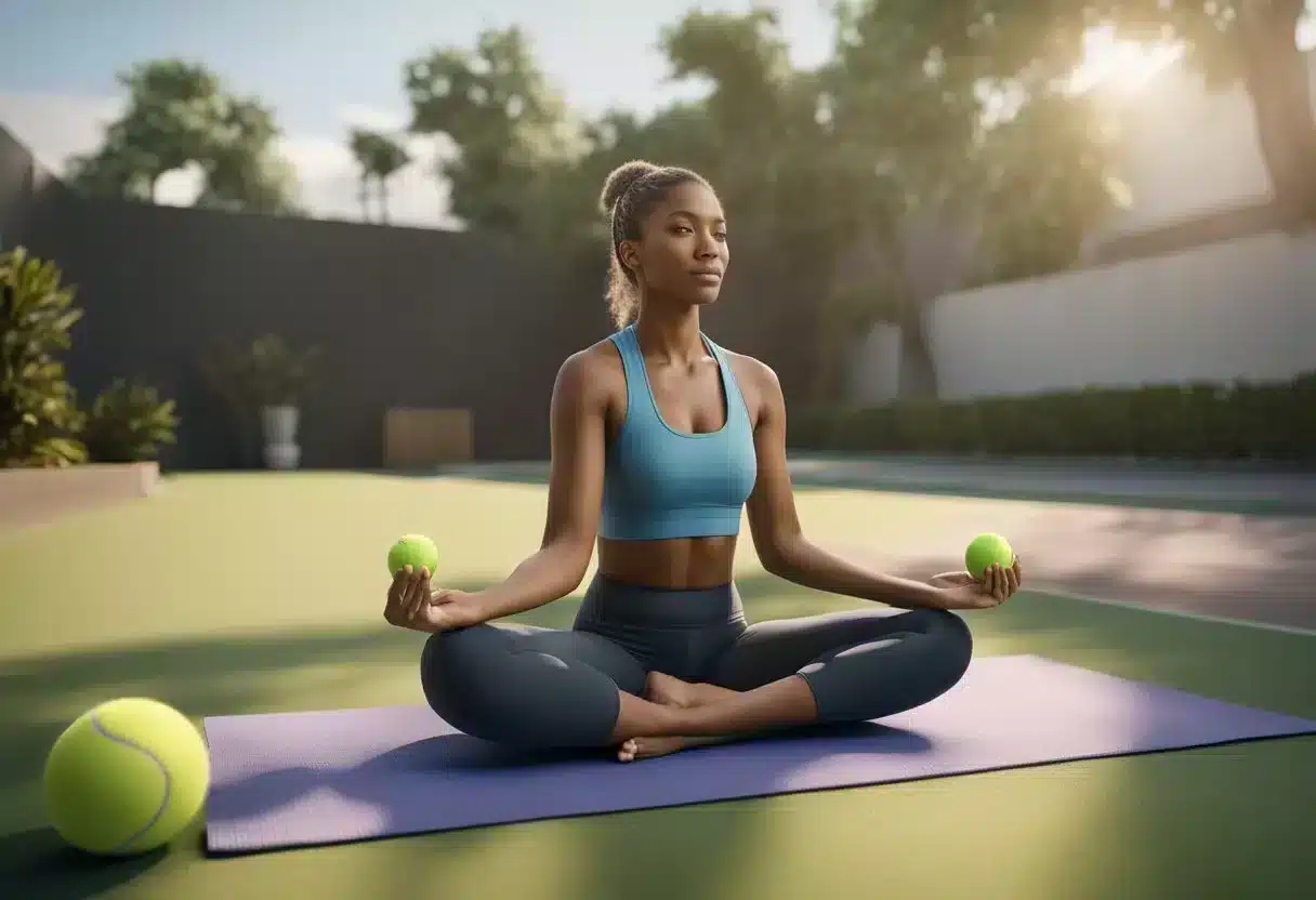 A person sits on a yoga mat, using a foam roller on their legs. A tennis ball is placed under their foot for self-massage. A towel is rolled up for neck and shoulder massage