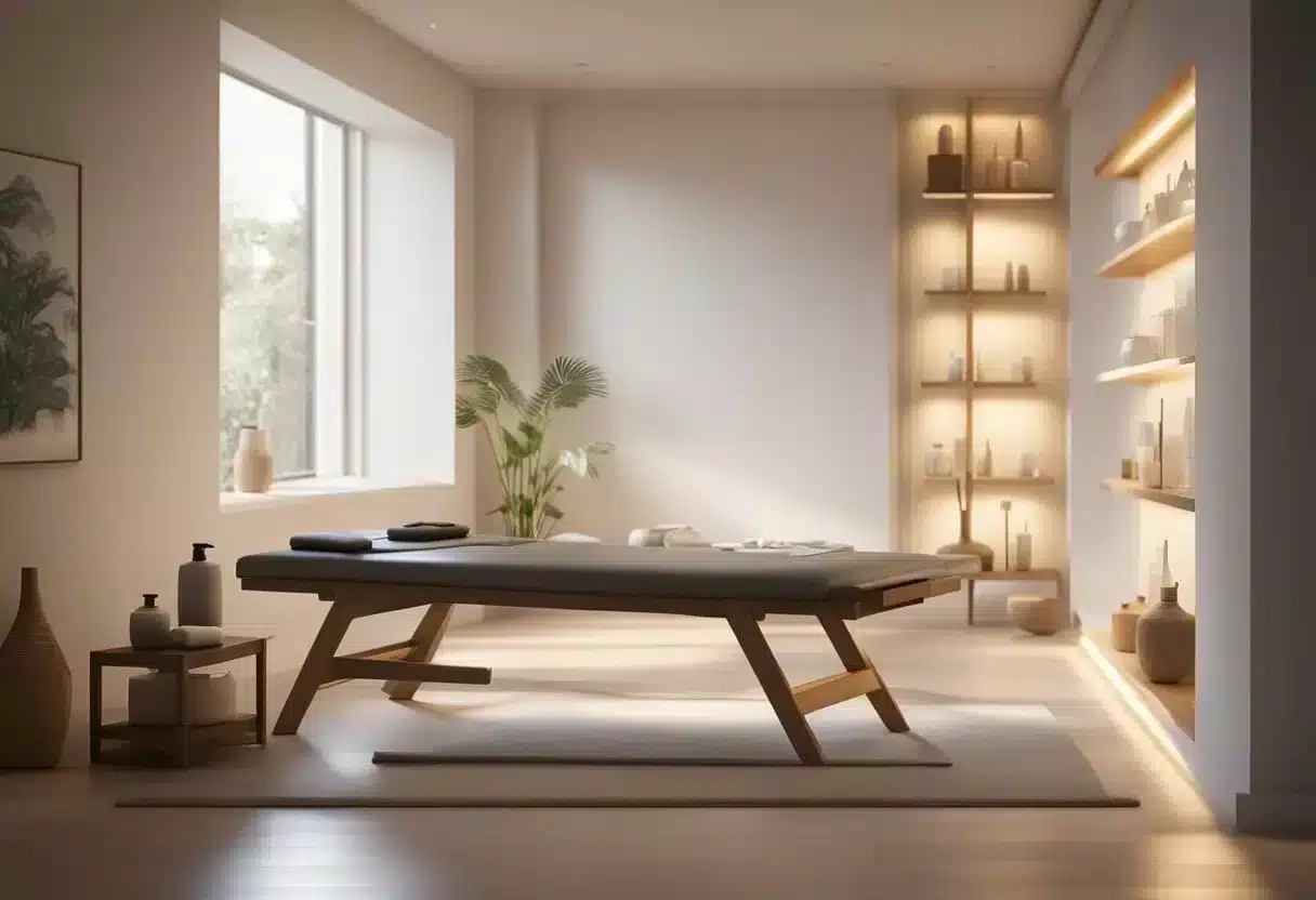 A serene room with a massage table, soft lighting, and calming music. Various massage oils and tools are neatly arranged on a nearby shelf