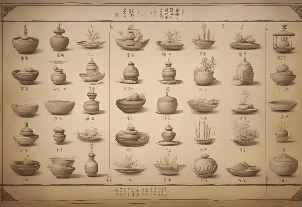 A timeline of ancient massage techniques, from Chinese Tui Na to Indian Ayurvedic, displayed on a parchment scroll with traditional symbols and illustrations