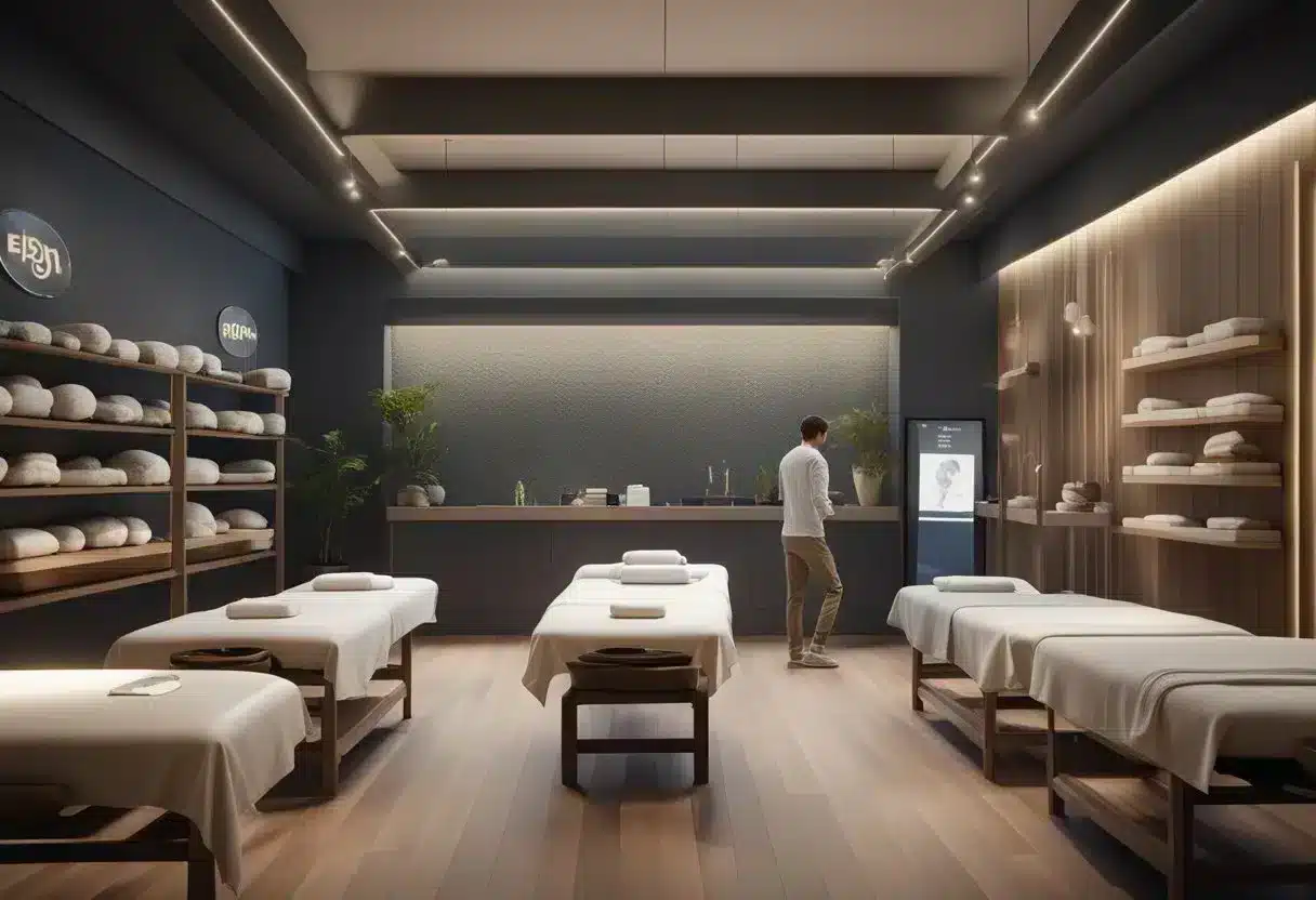 A person stands in front of a variety of massage options, including Swedish, deep tissue, and hot stone, with signs indicating the benefits of each