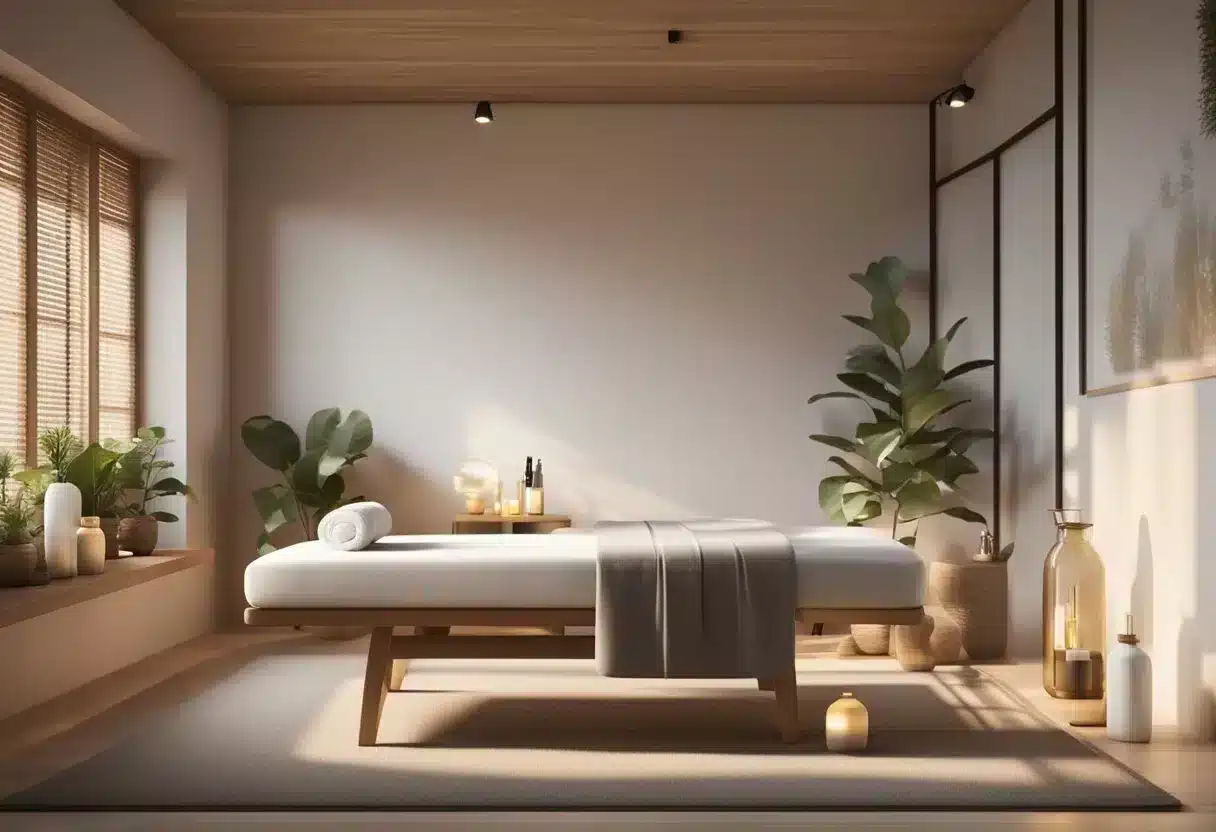 A serene room with a massage table, soft lighting, and calming music. Various massage tools and oils are neatly arranged on a nearby shelf