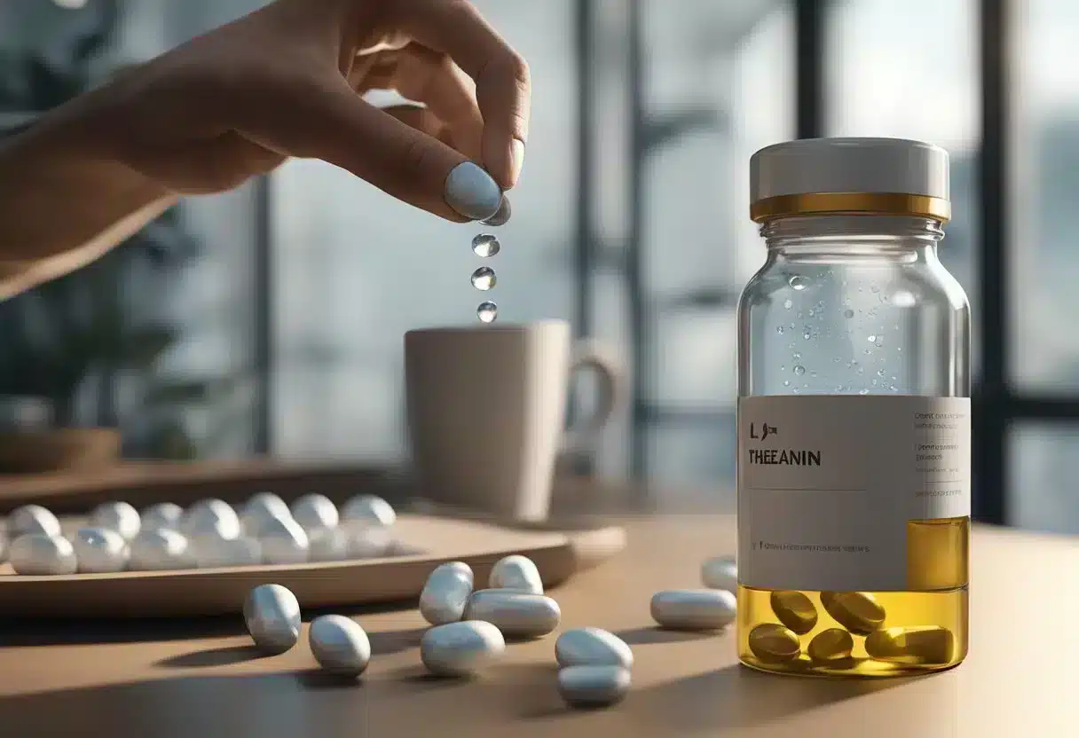 A bottle of l-theanine pills being opened, with a hand reaching for one. Nearby, a cup of water and a pill organizer