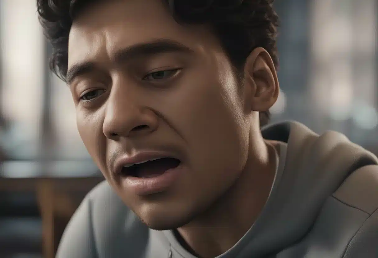 A person with a painful mouth sore, wincing in discomfort while trying to eat or speak