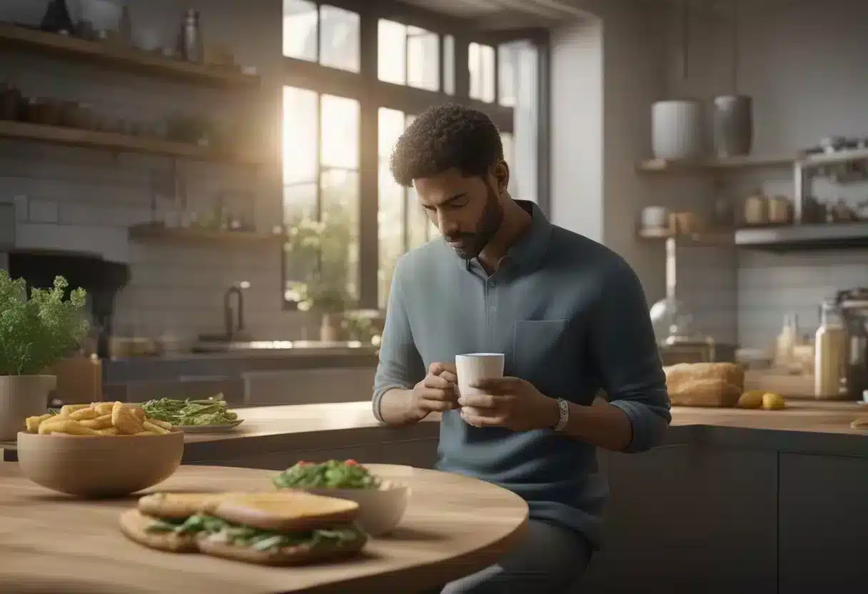 A person experiencing stomach pain after eating gluten-containing foods. They show signs of discomfort and distress