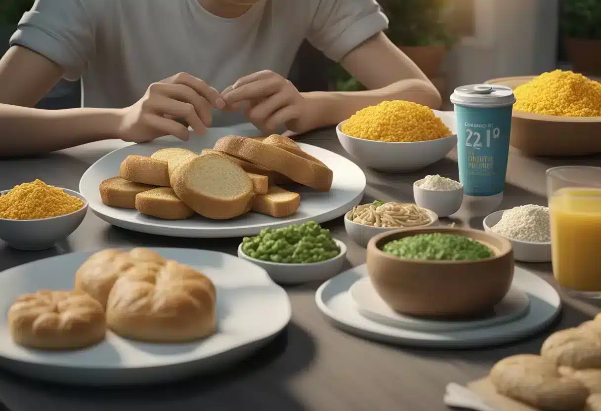 A table with gluten-free foods, a person reading food labels, and a stomach ache