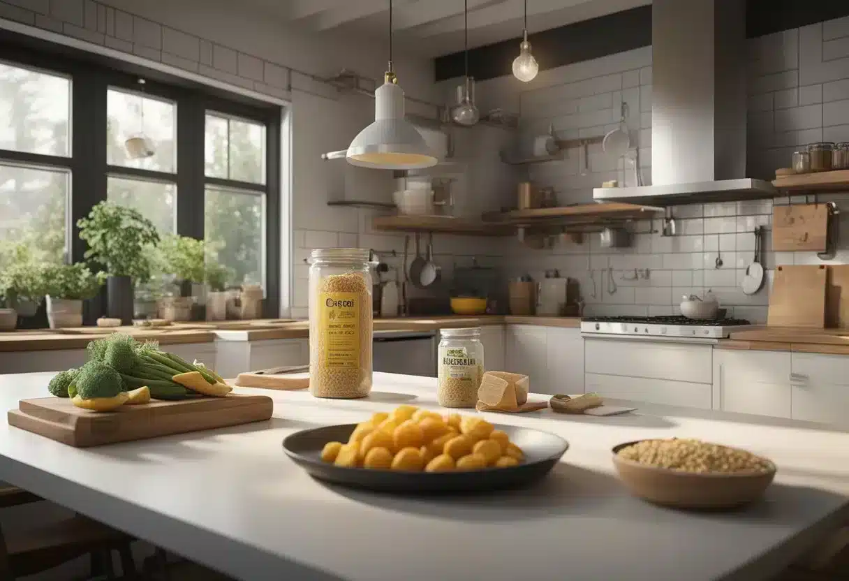A kitchen with gluten-free ingredients, a person reading food labels, and a meal plan on the table