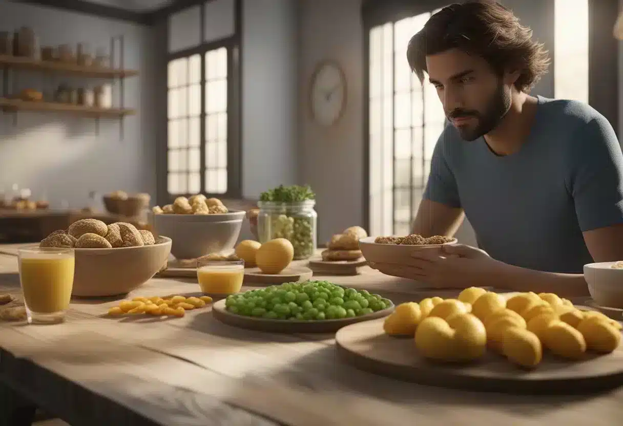 A table with various gluten-containing foods and a person experiencing discomfort after consuming them