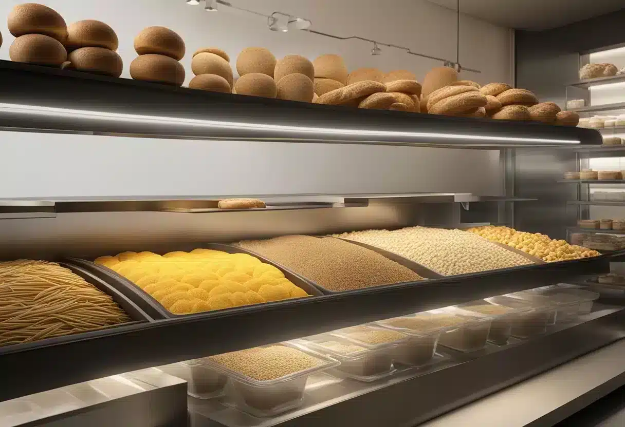 A variety of grains and food products, such as bread, pasta, and baked goods, are displayed with a prominent "Gluten" label