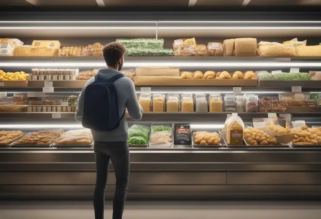 A person avoiding gluten-containing foods, surrounded by gluten-free products and reading food labels