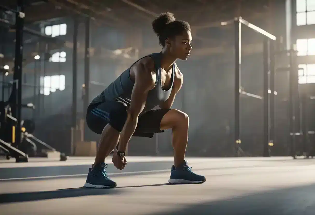 A person performing squats with a straight back and knees aligned over the toes, while holding onto a sturdy support for balance