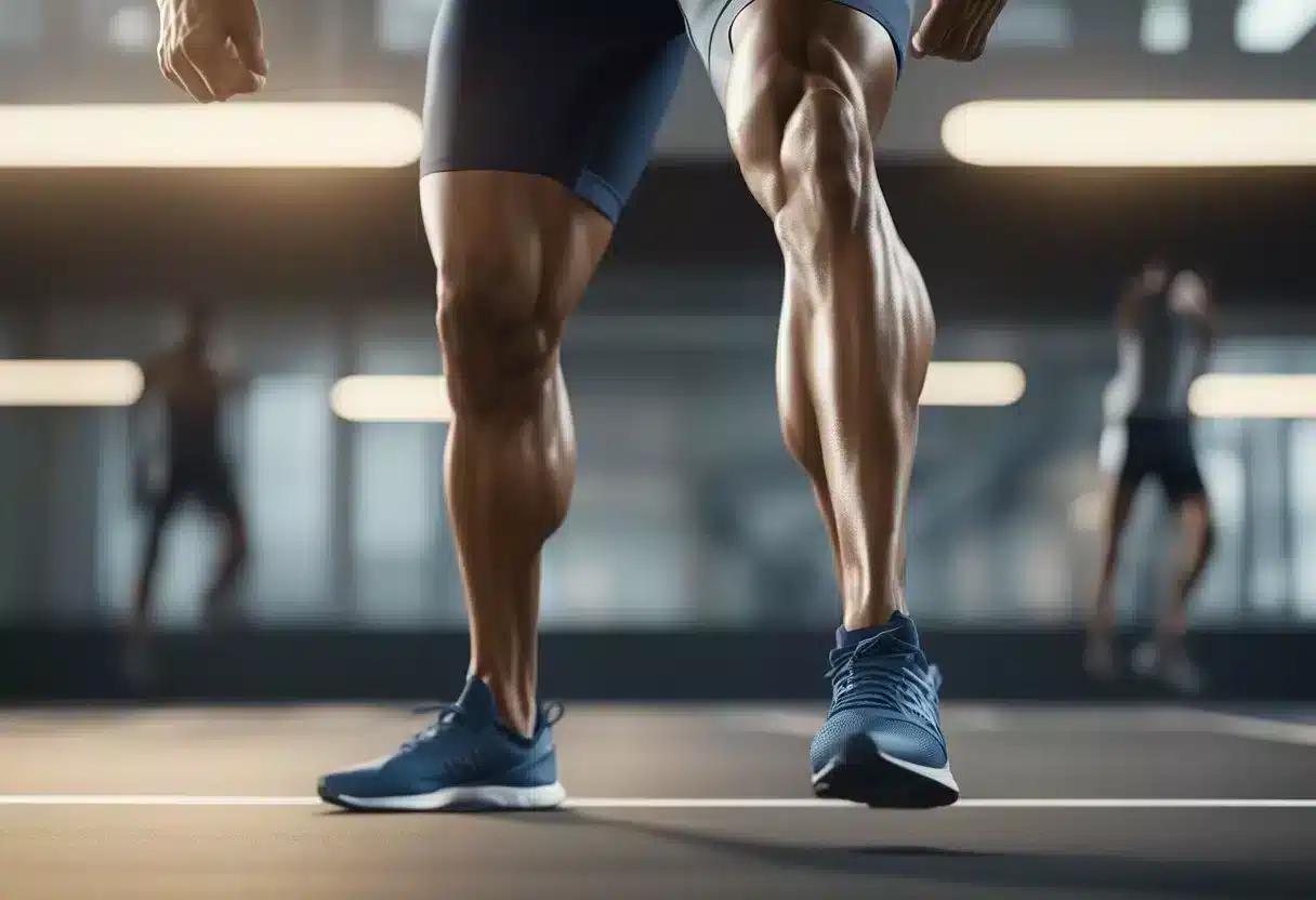 A detailed illustration of leg muscles engaged in various exercises, showcasing the anatomy of the legs in action