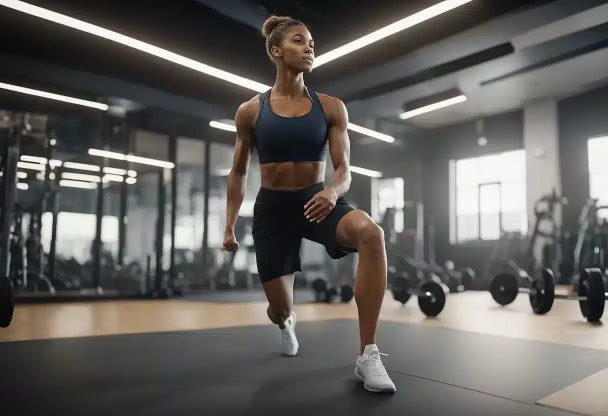 A person performing leg exercises with a FAQ section in the background