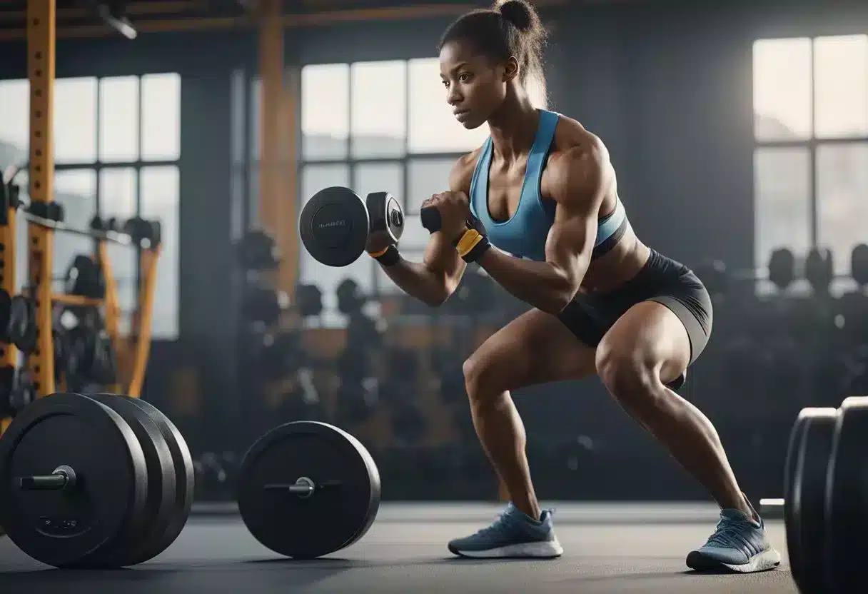A person performing leg exercises, such as squats and lunges, with various equipment like dumbbells and resistance bands in a gym setting