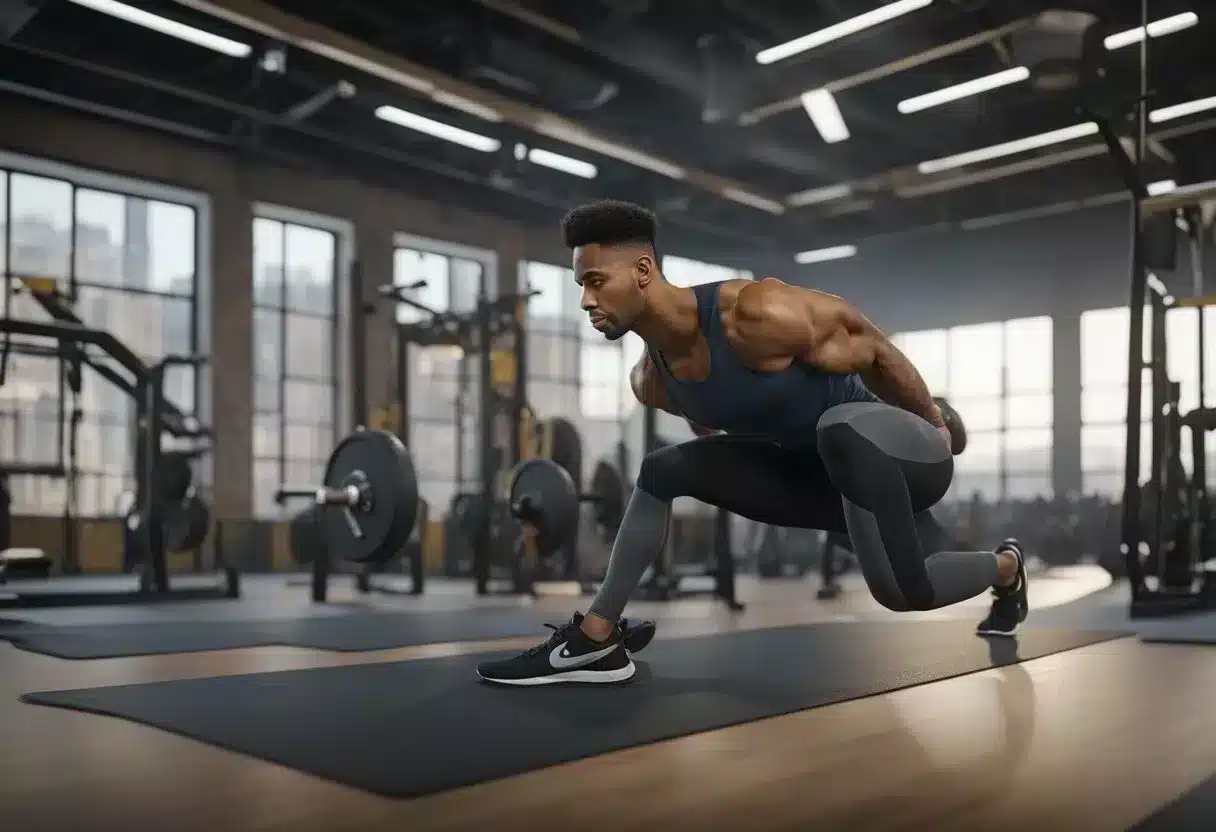 A person performs bodyweight leg workouts, doing exercises such as squats, lunges, and calf raises in a gym setting