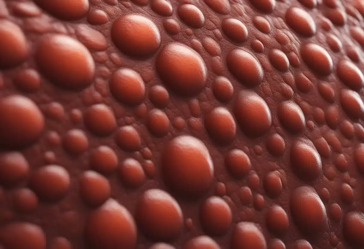 A red, raised rash covers the skin in various shapes and sizes=