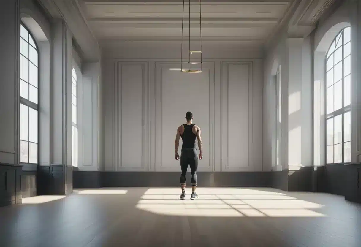 A figure stands alone, performing compound leg exercises in a spacious, empty room