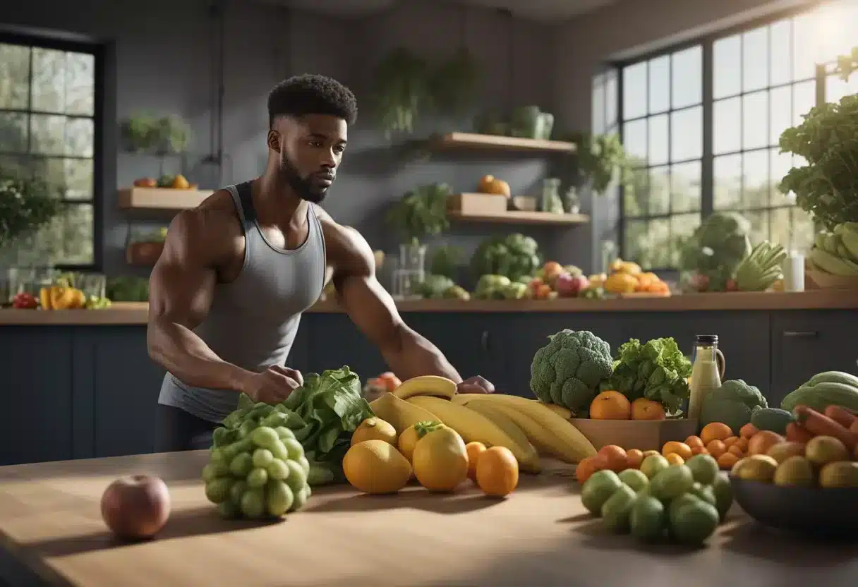 A person is lifting weights while surrounded by healthy foods like fruits, vegetables, and lean proteins. Their leg muscles are visibly toned and strong from regular exercise