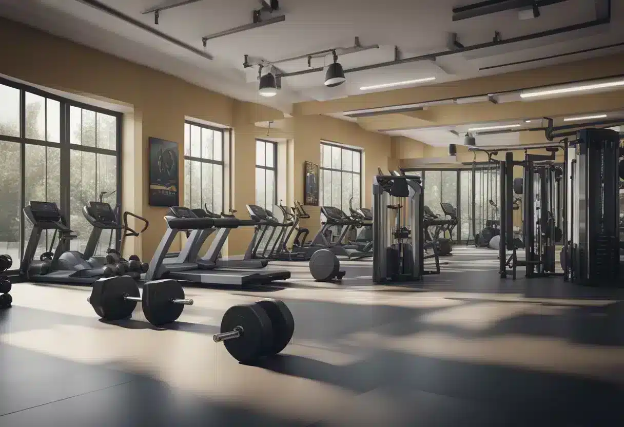 A gym with leg exercise equipment and weights