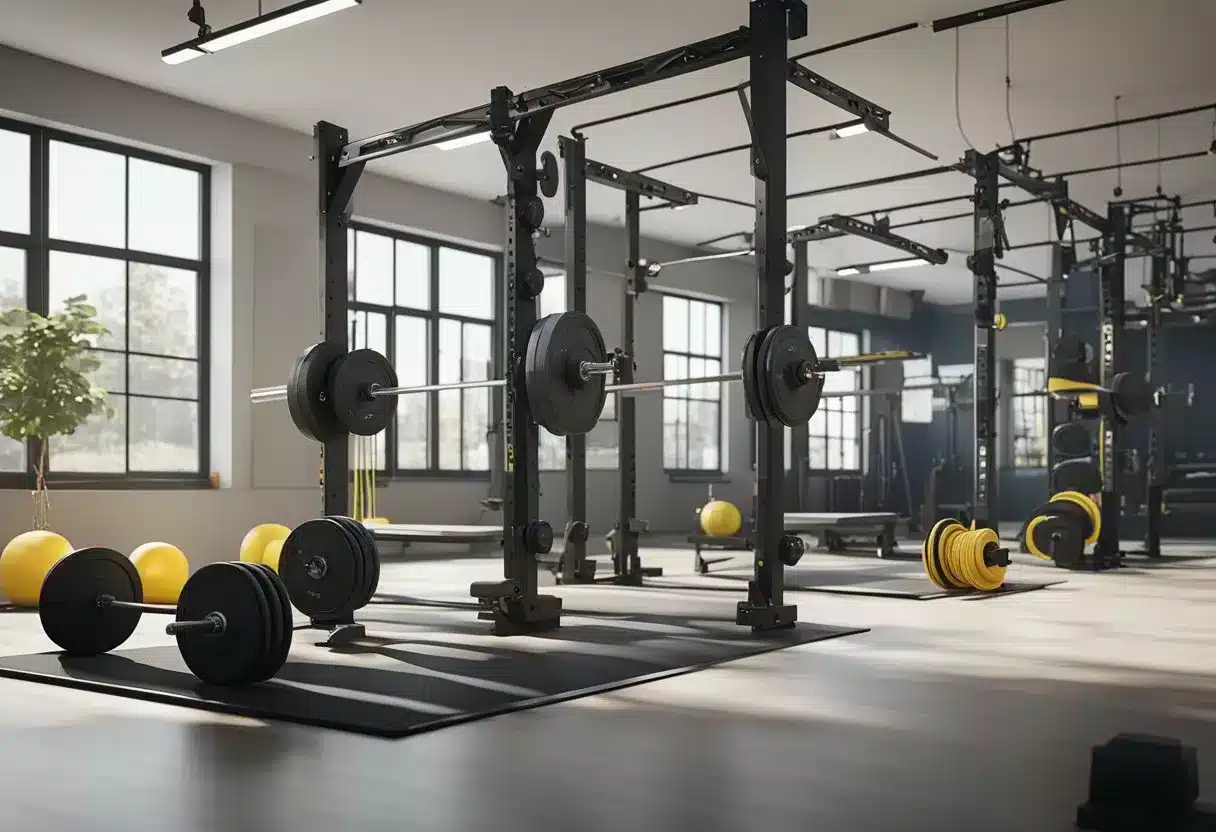 A weightlifting platform with various leg exercise equipment, including squat racks, leg press machines, and resistance bands