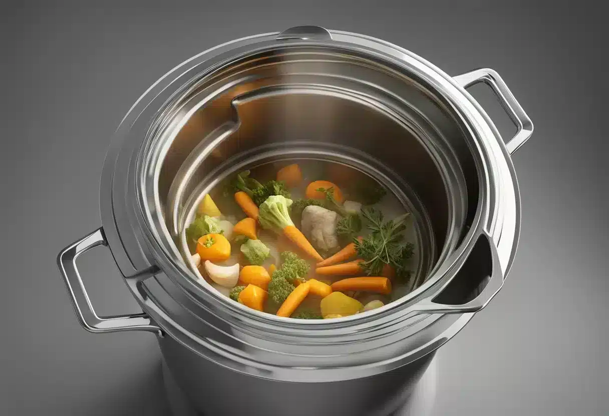 A pot simmering with bones, vegetables, and herbs for making bone broth