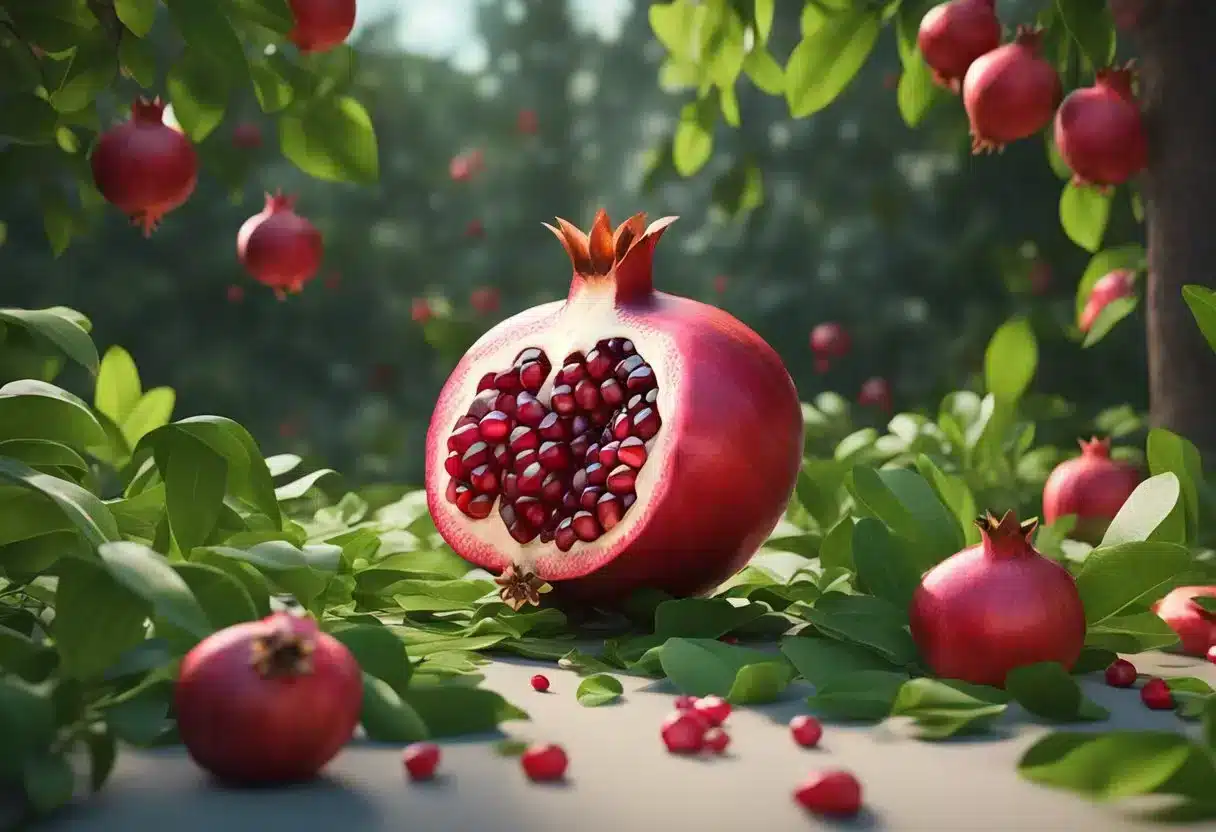 A ripe pomegranate with juicy seeds bursting out, surrounded by vibrant green leaves and a few scattered fallen seeds
