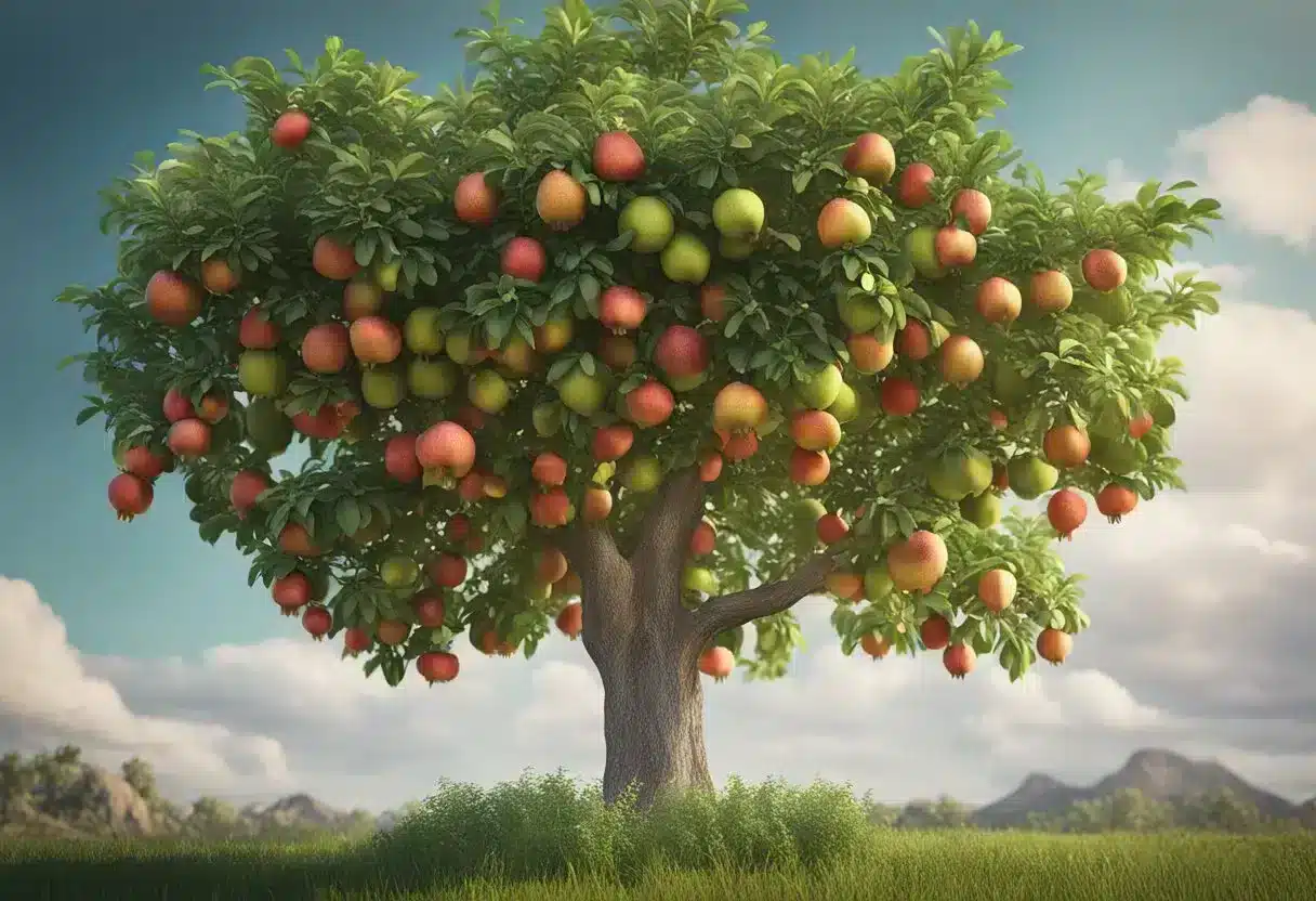 A vibrant pomegranate tree stands tall, with ripe fruit bursting open to reveal juicy seeds. Bright green leaves provide a backdrop for the rich red fruit, symbolizing the health benefits of disease prevention