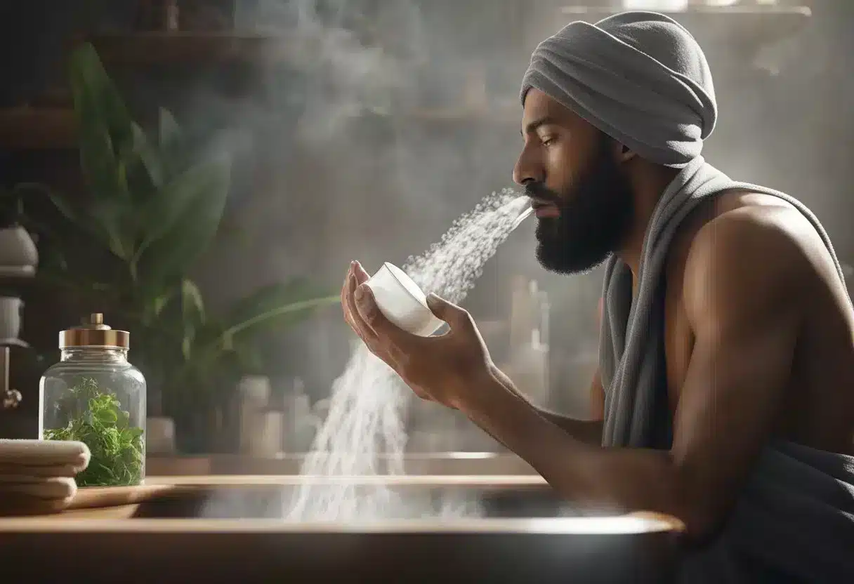 A person inhales steam over a bowl of hot water with a towel over their head. Eucalyptus oil and menthol provide relief