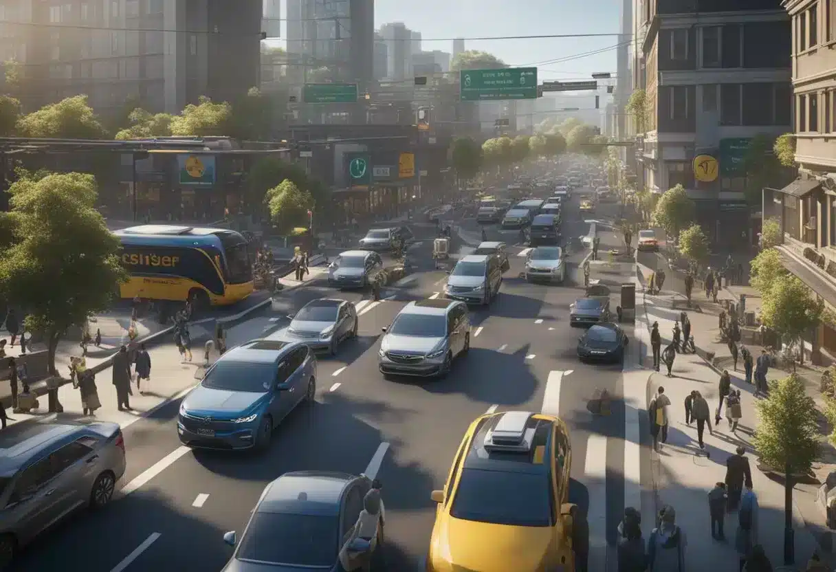 A cluttered street with blocked traffic, crowded sidewalks, and frustrated commuters. Signs and billboards advertising congestion relief products