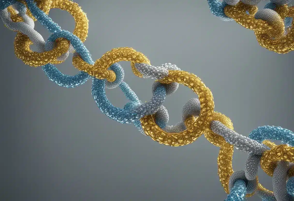 Amino acids bonded in a chain, each with distinct chemical structures and properties. Some act as building blocks for proteins, others serve as neurotransmitters or precursors for various metabolic pathways