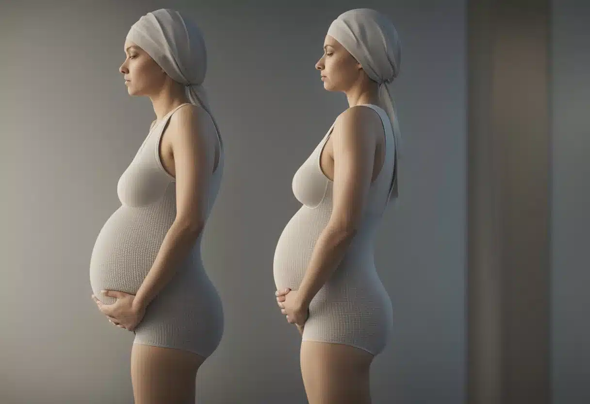 A pregnant woman's body undergoes changes: nausea, fatigue, and mood swings. A growing fetus causes hormonal shifts, impacting the body