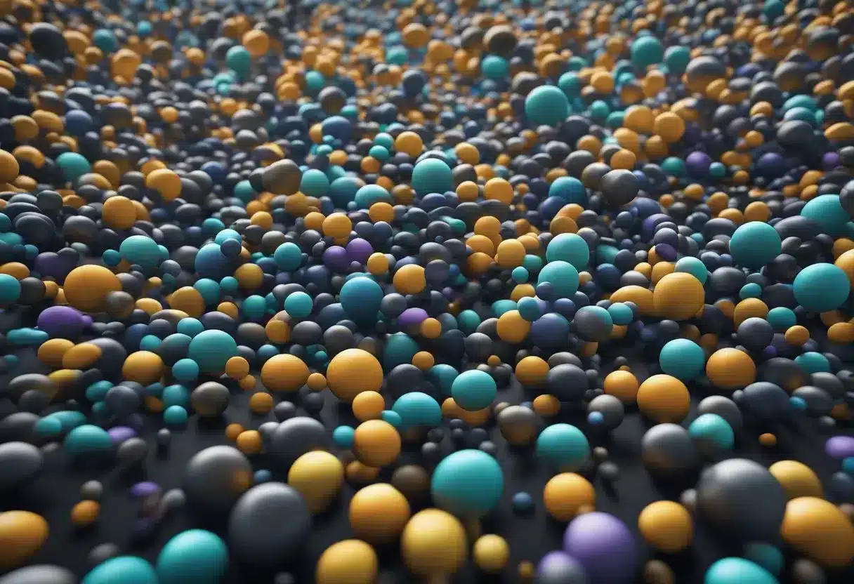 Various amino acids float in a swirling pattern, each with distinct shapes and colors. Some are linked together in chains, while others interact with enzymes and DNA strands