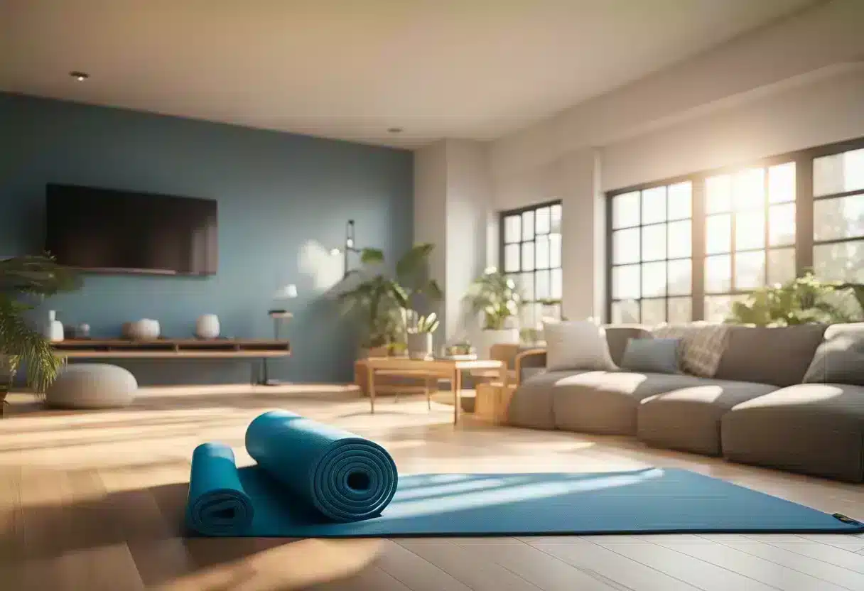 A person's living room with a yoga mat, foam roller, and resistance bands laid out. A water bottle and towel nearby. Sunlight streaming through the window