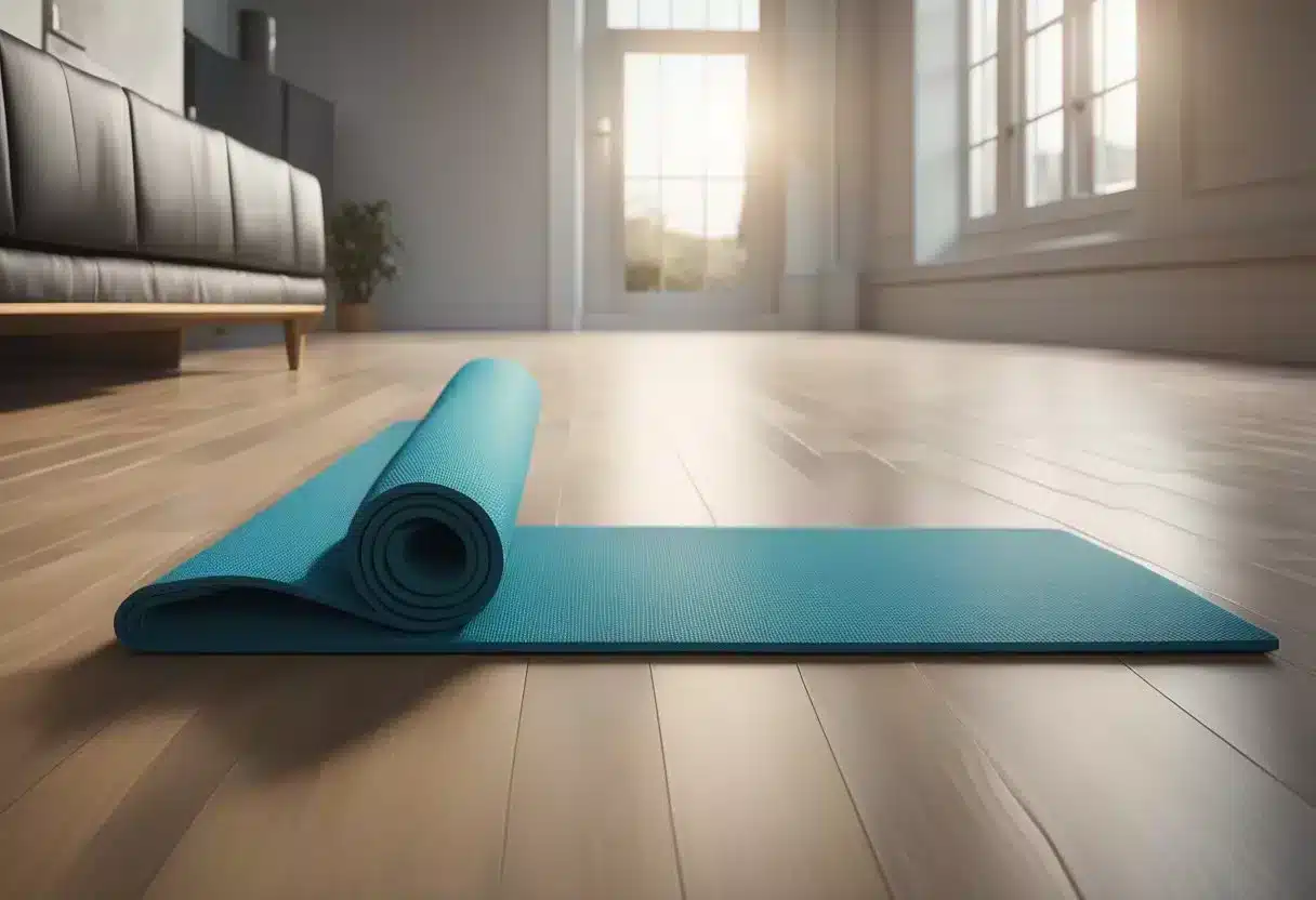 A yoga mat, resistance bands, dumbbells, and a water bottle on a clean, well-lit floor