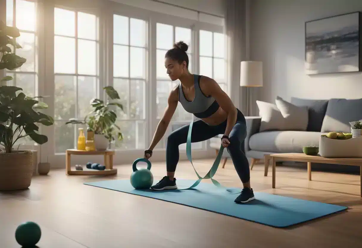 People exercising at home, using weights and resistance bands. A laptop displaying workout videos. Water bottles and towels nearby