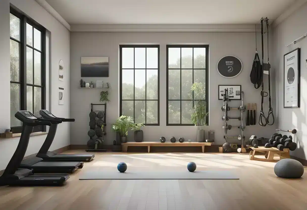 A home gym with various equipment, including dumbbells, resistance bands, and a yoga mat. A workout chart on the wall shows progression from beginner to advanced levels