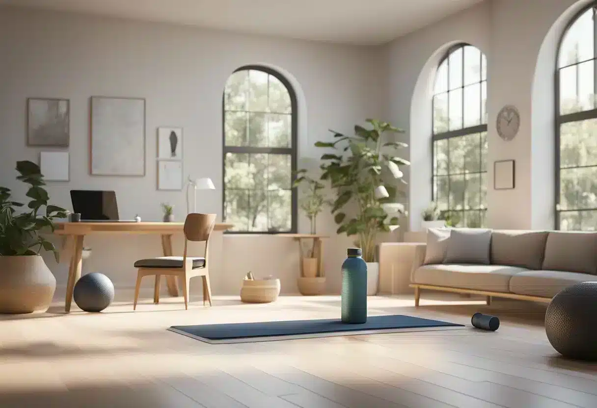 A bright, airy room with exercise equipment and yoga mats. A laptop or tablet displaying a workout video. Water bottle and towel nearby