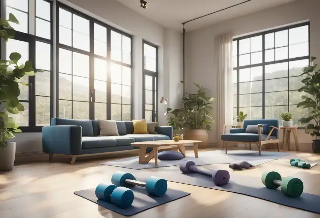 A bright, spacious living room with yoga mats, resistance bands, and dumbbells scattered on the floor. Large windows let in natural light, creating a peaceful and inviting atmosphere for at-home workouts