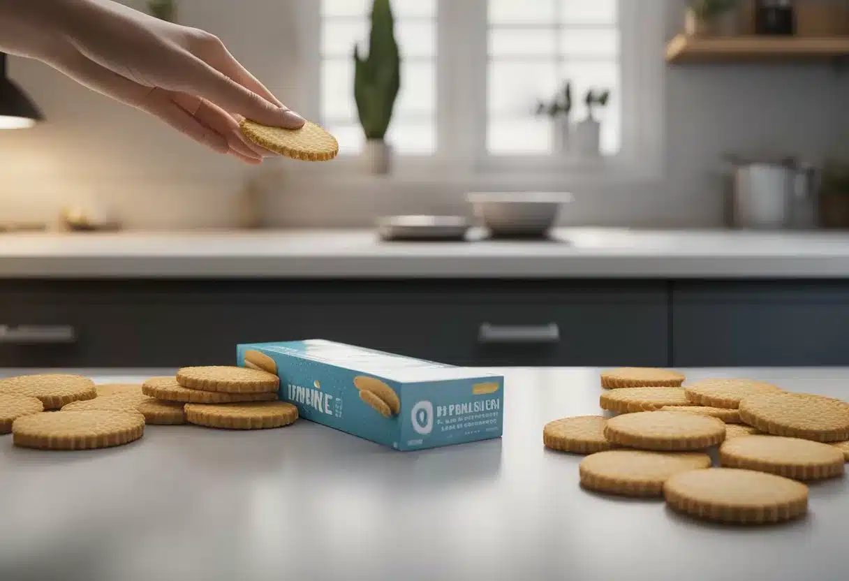 A woman's hand reaching for a box of crackers on a kitchen counter, next to a pregnancy test and a calendar marked with the date